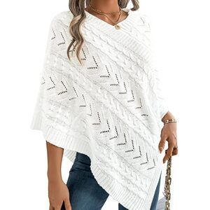 7297 Women Knit Poncho Sweater, Irregular Hallow Out Cape Top Casual